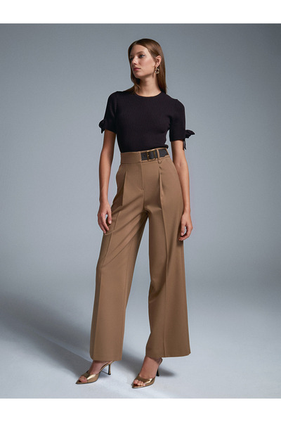 Dilvin 72200 Kemerli Çizgili Pantolon-Camel