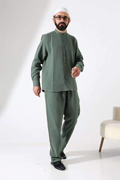 ihvan online Men's Muslin Hakim Collar Shirt with Pockets and Pants Two-Piece Set, Hajj Umrah Outfit - Green (Ans)