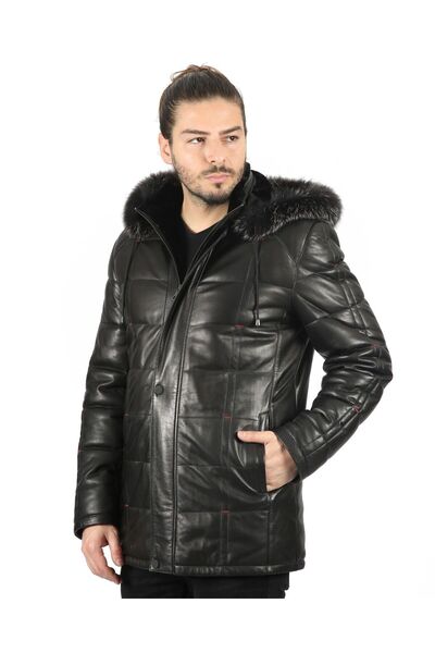 vivamood Gabriel Erkek Yün İçlikli Jumbo Baskılı Deri Kaban-XS