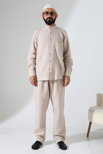 ihvan online Men's Muslin Hakim Collar Shirt with Pockets and Pants Two-Piece Set, Hajj Umrah Outfit - Beige (Ans)
