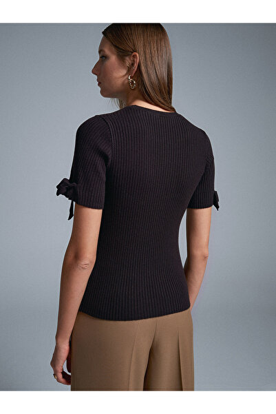 Dilvin 10828 Corded Short Sleeve Sweater-Dark Brown