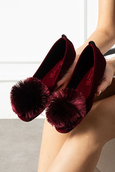 FUGA MODA Siona Burgundy Pompom Velvet Textured Elegant Engagement Dowry Bag Guest House Bag