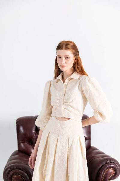 By Mare Style Carolie-Organic Cotton Cut-Out Belly Beige Midi Length Brode Dress