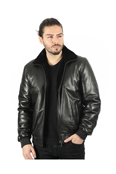 vivamood Jasiel Erkek Yün İçlikli Jumbo Baskılı  Deri Mont-S