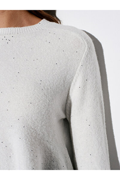 Dilvin 10832 Peplum Glitter Knit Sweater-Ecru