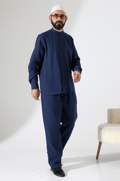 ihvan online Men's Muslin Hakim Collar Shirt with Pockets and Pants Two-Piece Set, Hajj Umrah Outfit - Navy Blue (Ans)