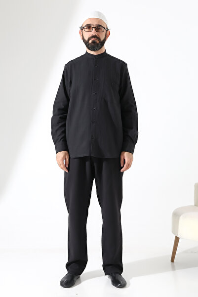 ihvan online Men's Muslin Hakim Collar Shirt with Pockets and Pants Two-Piece Set, Hajj Umrah Outfit - Black (Ans)