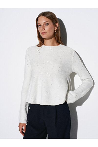 Dilvin 10832 Peplum Glitter Knit Sweater-Ecru