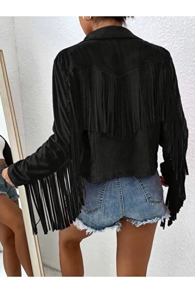 JANES Women's Long Sleeve Collared Short Tassel Suede Jacket