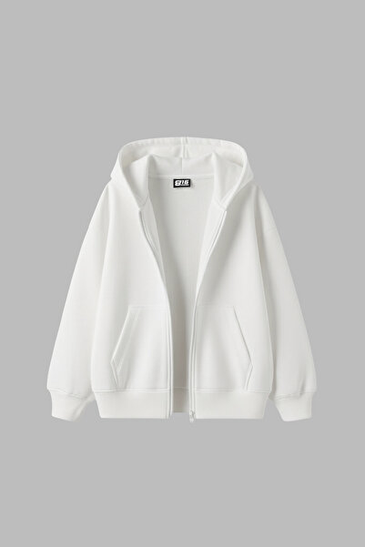 Sokak Butik Fermuarlı Basic Kapüşonlu Unisex Beyaz Sweatshirt