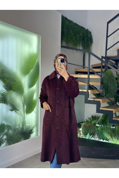 İkoll Bordo Renk Kadın Tüylü Peluş Uzun Kaban