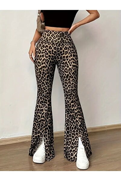 babatr.com Women's High Waist Leopard Print Slit Diving Leggings