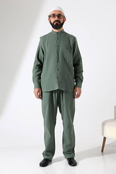 ihvan online Men's Muslin Hakim Collar Shirt with Pockets and Pants Two-Piece Set, Hajj Umrah Outfit - Green (Ans)