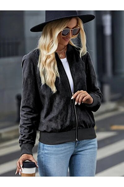 babatr.com Women's Long Sleeve Front Zipper Suede Jacket