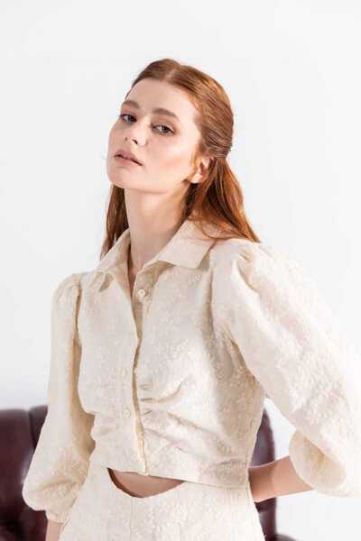 By Mare Style Carolie-Organic Cotton Cut-Out Belly Beige Midi Length Brode Dress