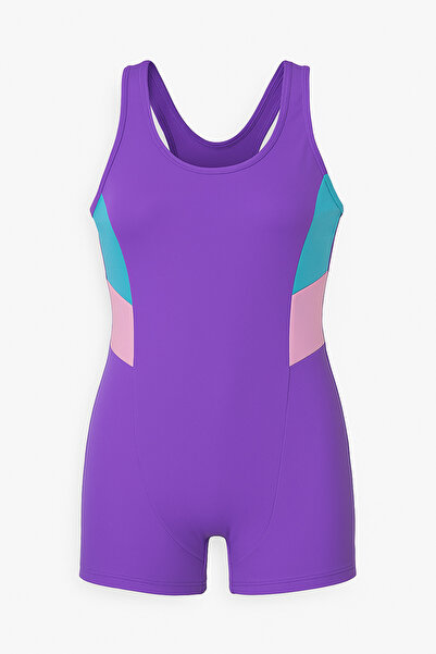 My-o Girl's Color Block Swimsuit with Shorts – Purple Blue Pink |   Flexible Lycra Swimming Swimsuit