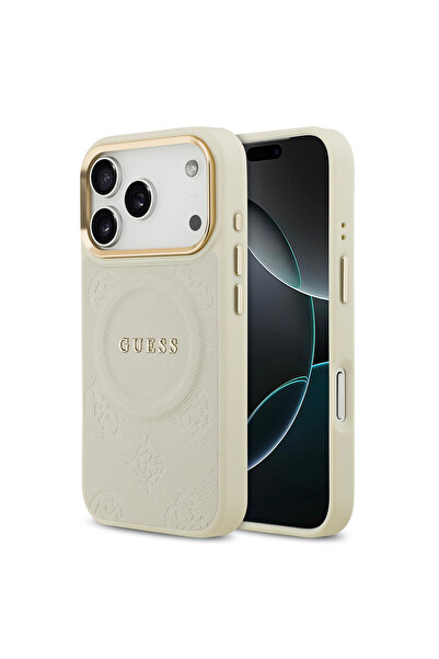 Guess iPhone 17 Pro Uyumlu Kılıf Lisanslı M-safeli Sıcak Baskılı Yazı Logolu PU Deri Peony Kapak Bej