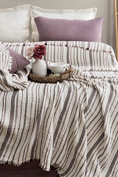MEET MAYA NATURAL Corded Fabric Colorful Striped 3-Layer Muslin 100% Cotton Muslin Bedspread Soft, Lightweight and Stylish 230X240