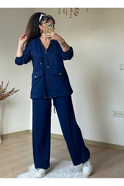 AZRA BUTİK Zippered Sports Set Navy Blue