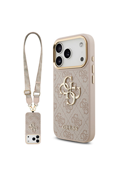 Guess iPhone 17 Pro Uyumlu Kılıf Orjinal Lisanslı 4G Büyük Metal Logolu Kalın Askılı Kapak Pembe