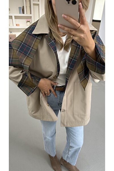 Sezgi Tekin Ekose Astarlı Şal Detay Taş Oversize Trenç