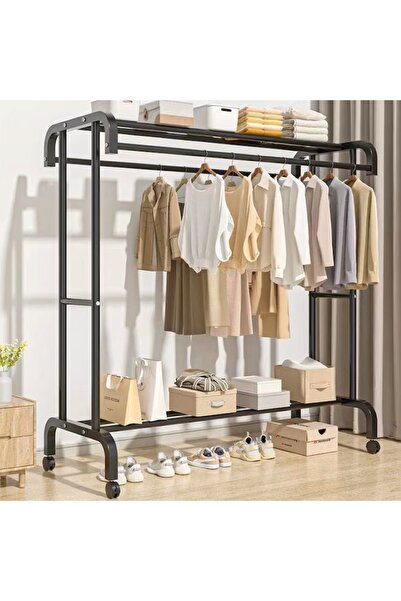 EMATTERIO Double Clothes Rack with Shoe Rack and Top Space, 150x109x50cm, 70kg Resistance, Black