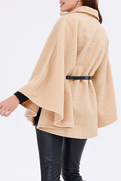 Firststops Women's Beige Boucle Fabric Stylish Poncho with Waist Detail – Warm and Trendy Clothing