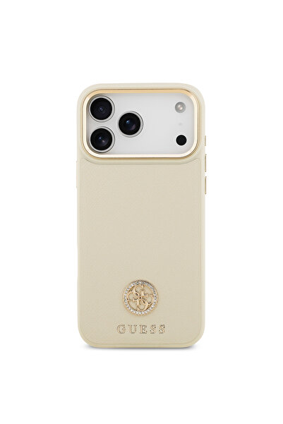 Guess iPhone 17 Pro Max Uyumlu Kılıf Lisanslı M-safeli Grained Yazı ve Taşlı 4G Logolu Kapak Bej