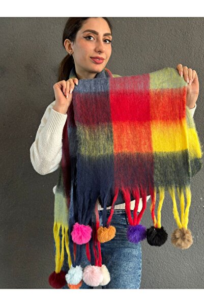 Gönülden Tasarım Soft Colorful Plaid Pon Pon Women's Shawl Scarf 220X40 cm