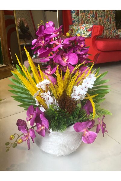 Cystarry ÖZEL SAKSIDA ÇİFT DALLI MOR ORKİDE ÇİÇEK DEKORATİF ARANJMANLI