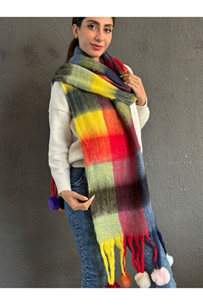 Gönülden Tasarım Soft Colorful Plaid Pon Pon Women's Shawl Scarf 220X40 cm