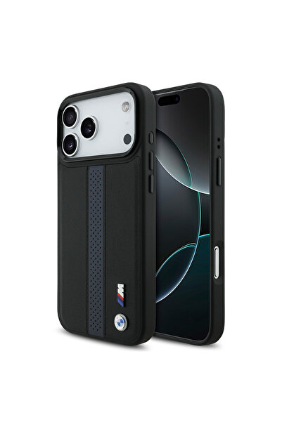 BMW iPhone 17 Pro Max Uyumlu Kılıf Lisanslı M-safeli Deri Metal Logolu Delikli Şerit Tasarım Kapak Mavi