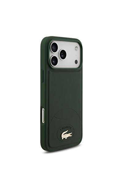 Lacoste iPhone 17 Pro Max Uyumlu Kılıf Lisanslı M-safeli PU Deri Tasarımlı Metal Logolu Kapak Yeşil