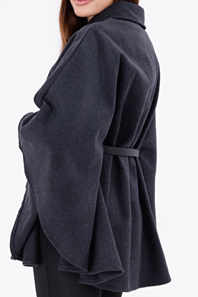 Firststops Women's Anthracite Tok Duruşlu Plush Poncho – Warm Clothing with Waist Detail