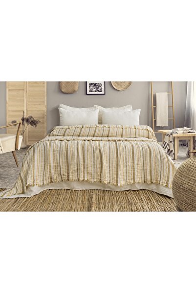 MEET MAYA NATURAL Corded Fabric Colorful Striped 3-Layer Muslin 100% Cotton Muslin Bedspread Soft, Lightweight and Stylish 230X240