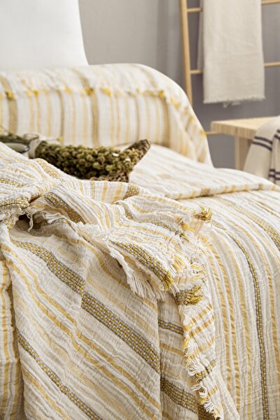 MEET MAYA NATURAL Corded Fabric Colorful Striped 3-Layer Muslin 100% Cotton Muslin Bedspread Soft, Lightweight and Stylish 230X240