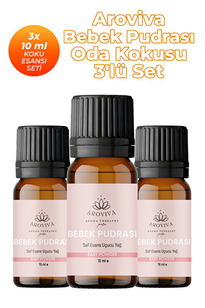 Aroviva Bebek Pudrası Oda Kokusu 3'Lü Set- Doğal Esansiyel Uçucu Yağ, Difüzör...