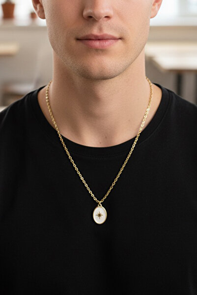 PİNKMARK Men's Gold Plated White Mineral Polar Star Necklace 65 cm Pmekl25509