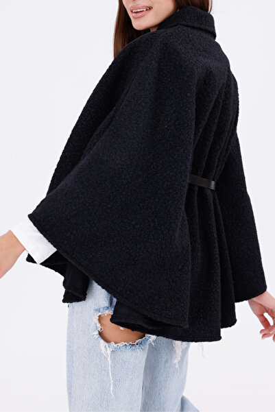 Firststops Women's Black Boucle Fabric Buckle Waist Detailed Stylish Poncho – Warm and Trendy Clothing