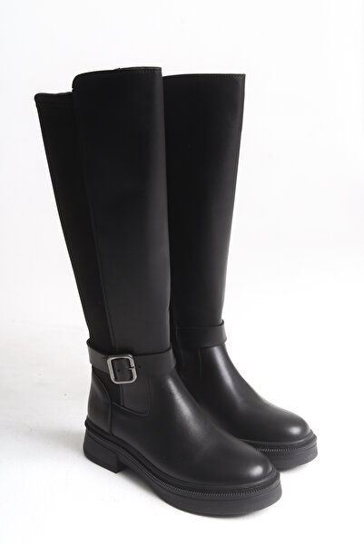 Bak Store Black Diver Fabric Detailed Flexible Below-The-Knee Women's Riding Boots Thick Soled