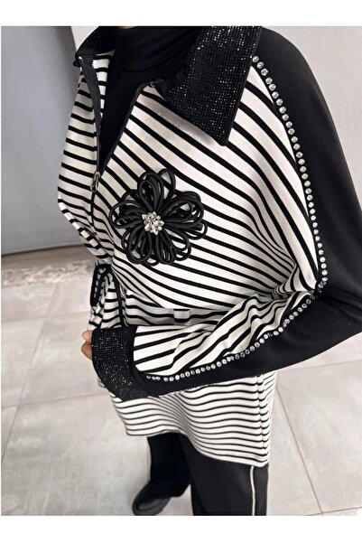 Işşıl 72054- Pearl Stone Striped Stretchy Combed Cotton Pants Suit