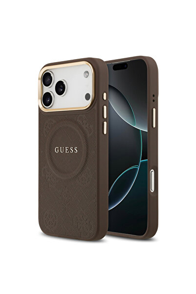 Guess iPhone 17 Pro Max uyumlu Kılıf Lisanslı M-safeli Sıcak Baskı Yazı Logolu PU Deri Peony Kahverengi