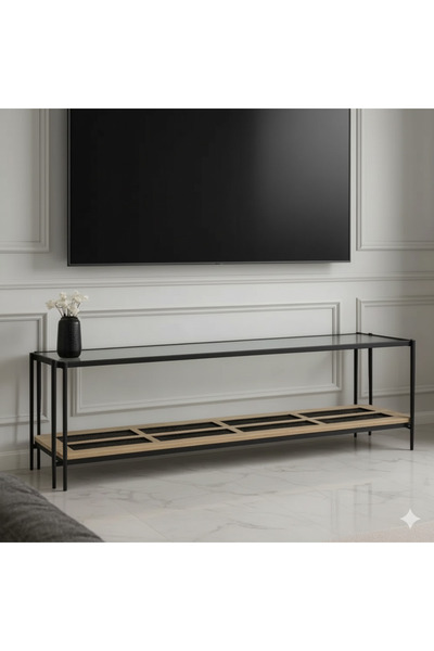 terndat طاولة بلازما دورين خشب بيج سطح زجاج شفاف مقاس 160 سم - بتصميم فاخر وأنيق