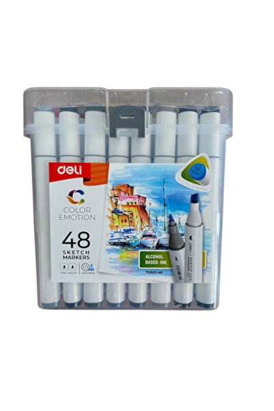 Deli Sketch Marker Set - 48 Colors, Dual Tip (1mm Round and 7mm Chisel), Plastic Case