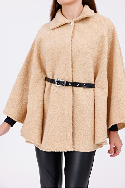 Firststops Women's Beige Boucle Fabric Stylish Poncho with Waist Detail – Warm and Trendy Clothing