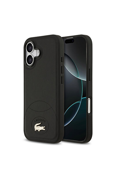 Lacoste iPhone 17 Uyumlu Kılıf Lisanslı M-safe Şarj Özellikli PU Deri Metal Logolu Kapak Siyah