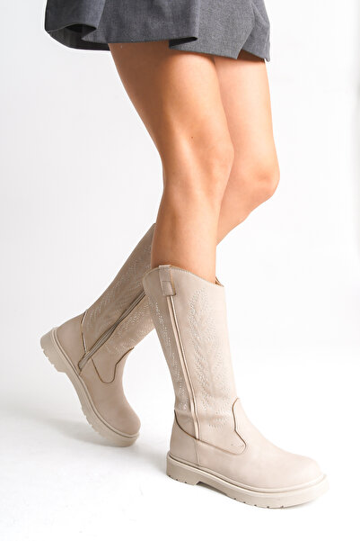 Bak Store Dar Kalip Beige Leather Matte Embroidered Zippered Western Cowboy Women's Boots with Stitched Soles