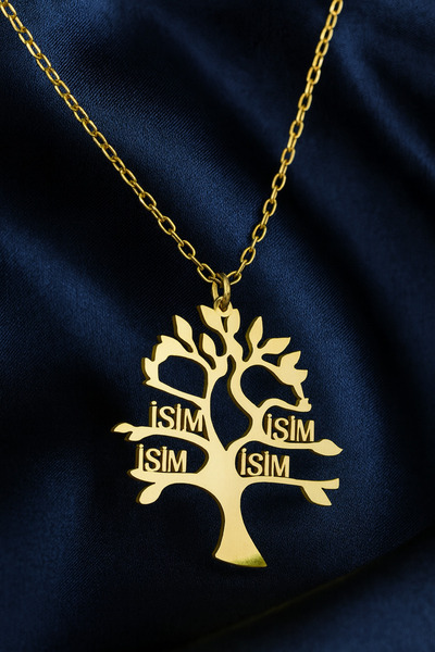 KAR DİAMOND 925 Ayar Gümüş Altın Kaplama Kişiye Özel 4 İsimli Aile Ağacı Koly...