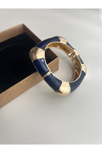 BusradanDesign Gold ve Lacivert Detaylı Kare Kelepçe Bileklik 6 cm