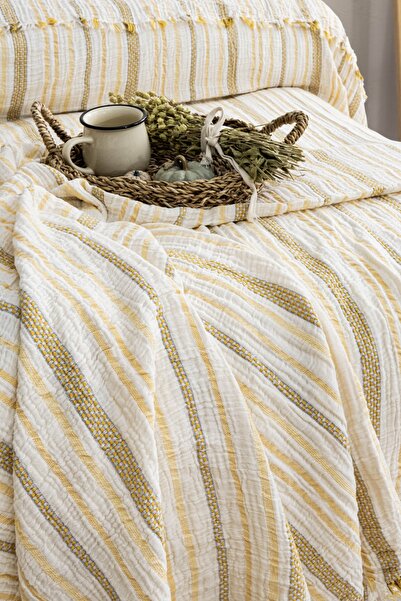 MEET MAYA NATURAL Corded Fabric Colorful Striped 3-Layer Muslin 100% Cotton Muslin Bedspread Soft, Lightweight and Stylish 140X220